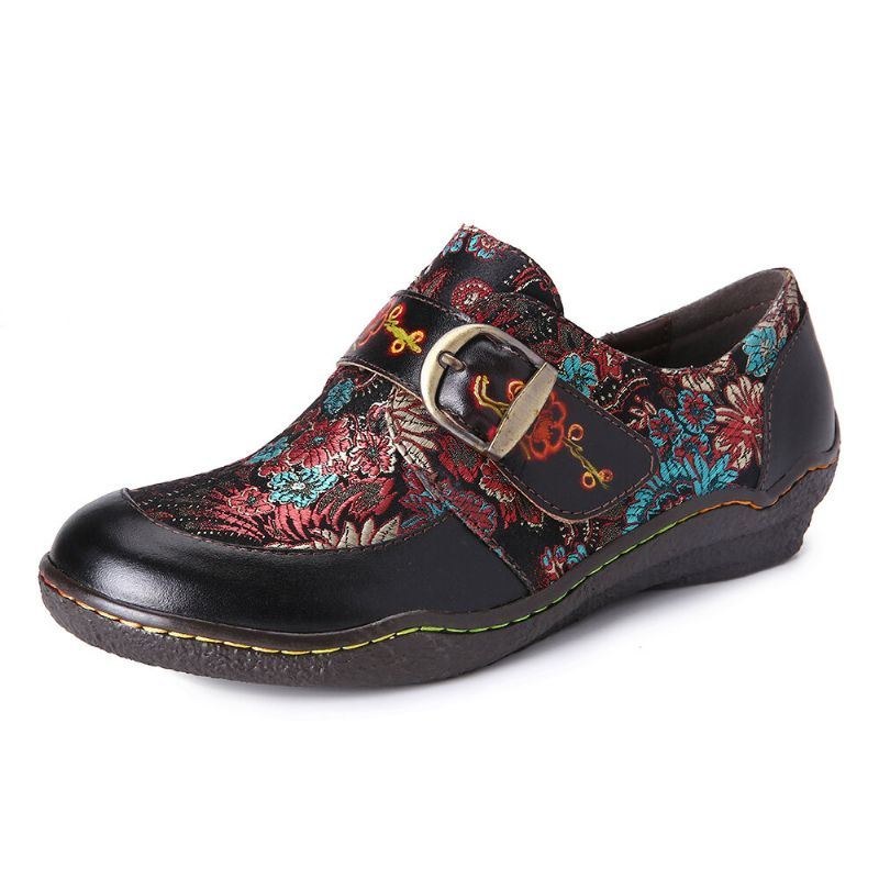 Dame Retro Blomster Broderi Læder Præget Blommeblomst Spænde Slip-on Flade Sko