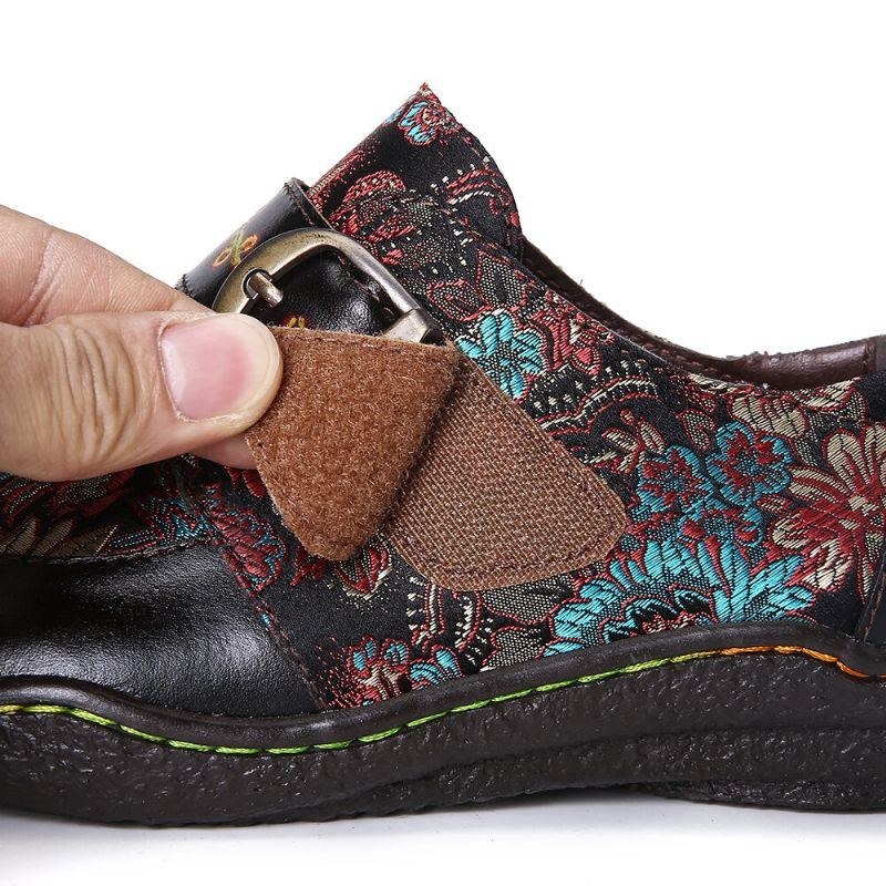 Dame Retro Blomster Broderi Læder Præget Blommeblomst Spænde Slip-on Flade Sko