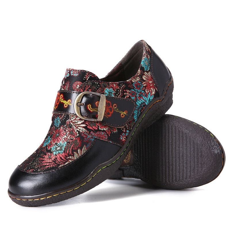 Dame Retro Blomster Broderi Læder Præget Blommeblomst Spænde Slip-on Flade Sko