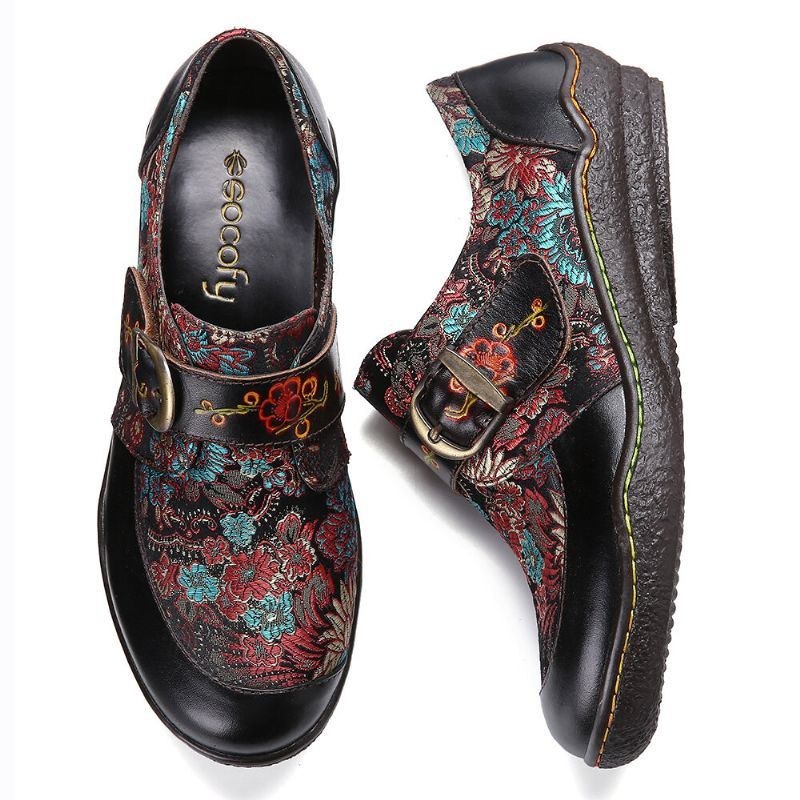 Dame Retro Blomster Broderi Læder Præget Blommeblomst Spænde Slip-on Flade Sko