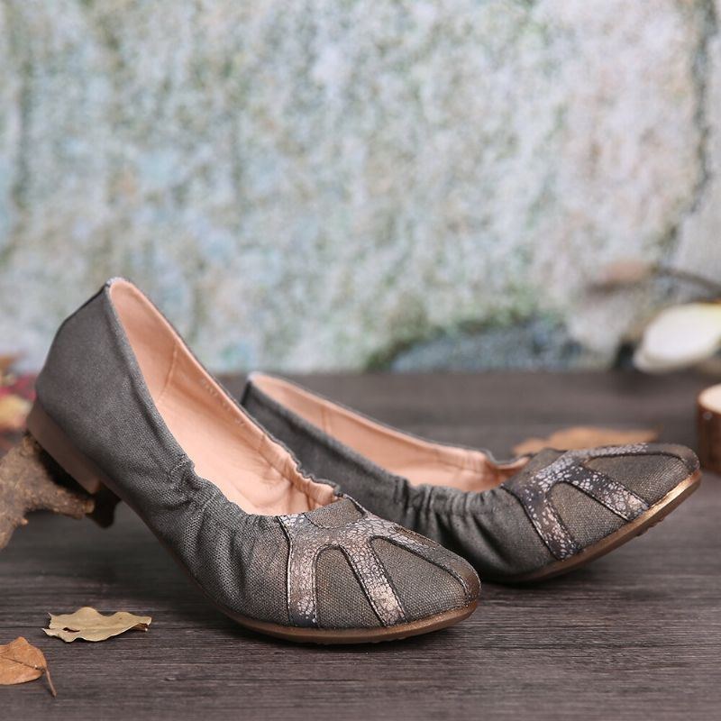 Dame Retro Comfy Blødt Lærredssplejsning Foldbare Slip On Ballet Flade Sko