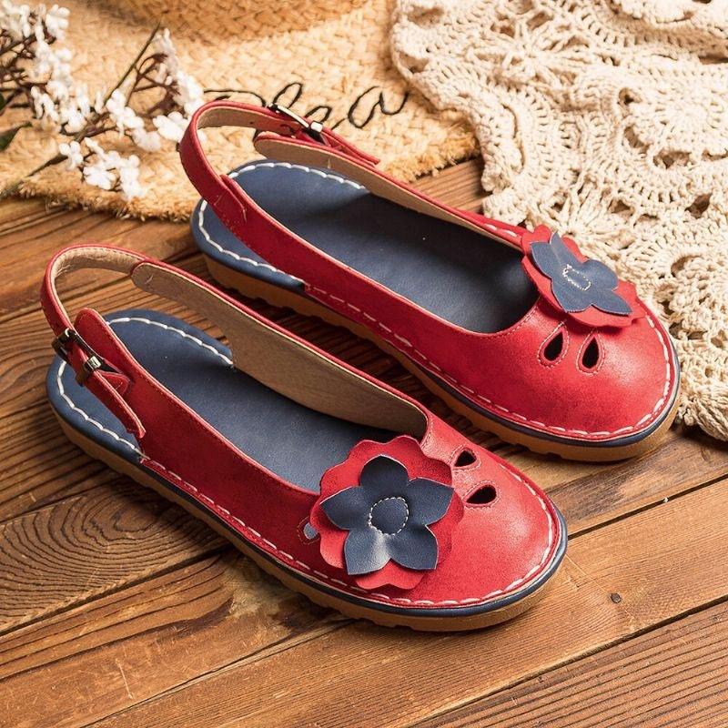 Dame Retro Flowers Decor Åndbar Casual Black Strap Slingback Flats