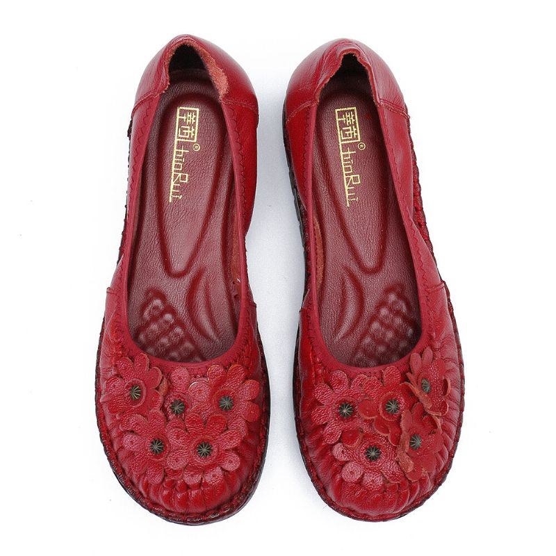 Dame Retro Flowers Decor Comfy Læder Skridsikker Blød Sål Casual Slip-on Flade Sko