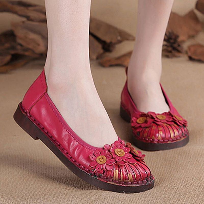 Dame Retro Flowers Decor Håndlavede Syninger Non Slp Soft Sole Loafers