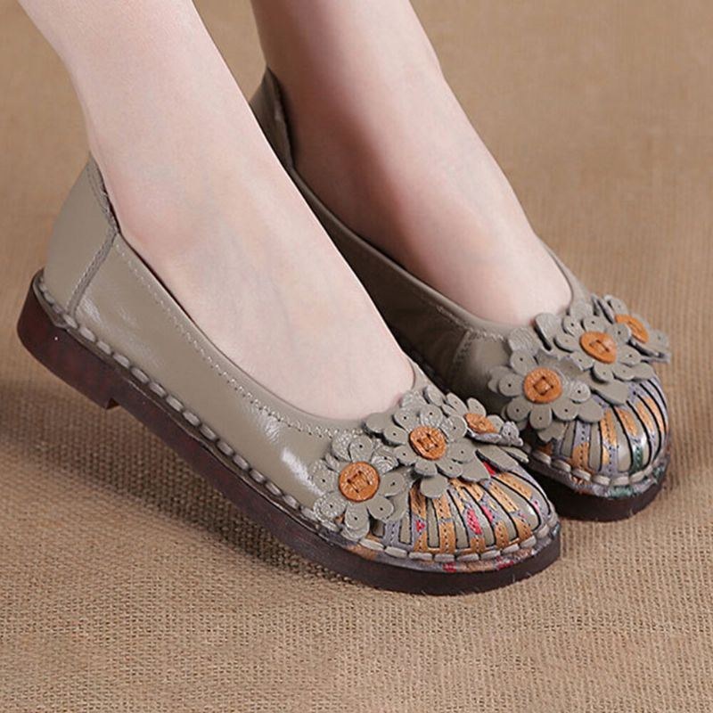 Dame Retro Flowers Decor Håndlavede Syninger Non Slp Soft Sole Loafers