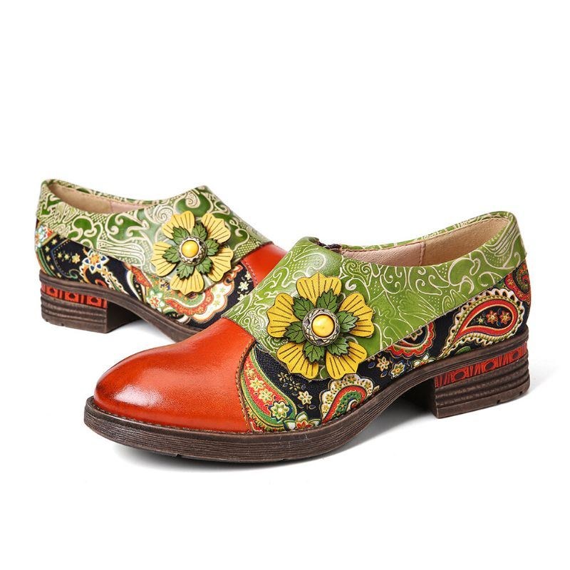 Dame Retro Læder Paisley Splejsning Blomster Præget Behagelige Ægte Læder Flade Sko