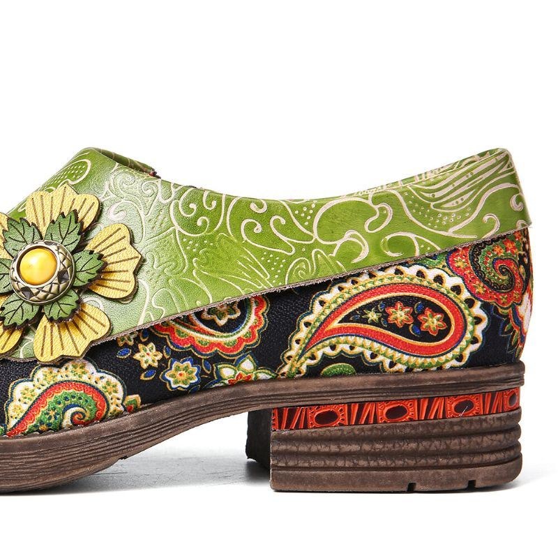 Dame Retro Læder Paisley Splejsning Blomster Præget Behagelige Ægte Læder Flade Sko