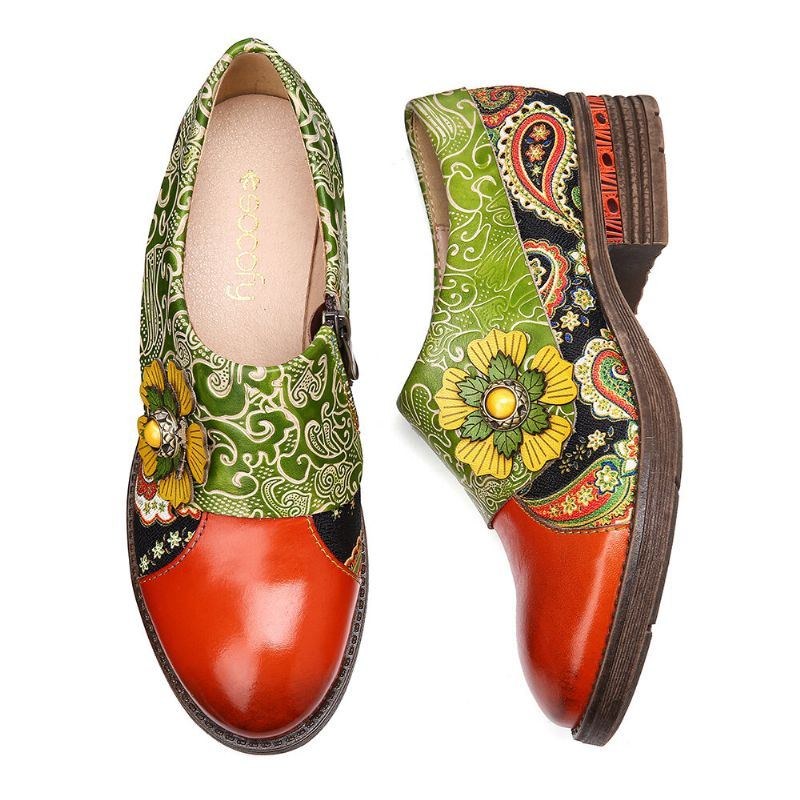 Dame Retro Læder Paisley Splejsning Blomster Præget Behagelige Ægte Læder Flade Sko