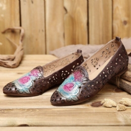 Dame Retro Præget Delikat Pæon Hule Blomstermønster Ægte Læder Flad Elegant Loafer