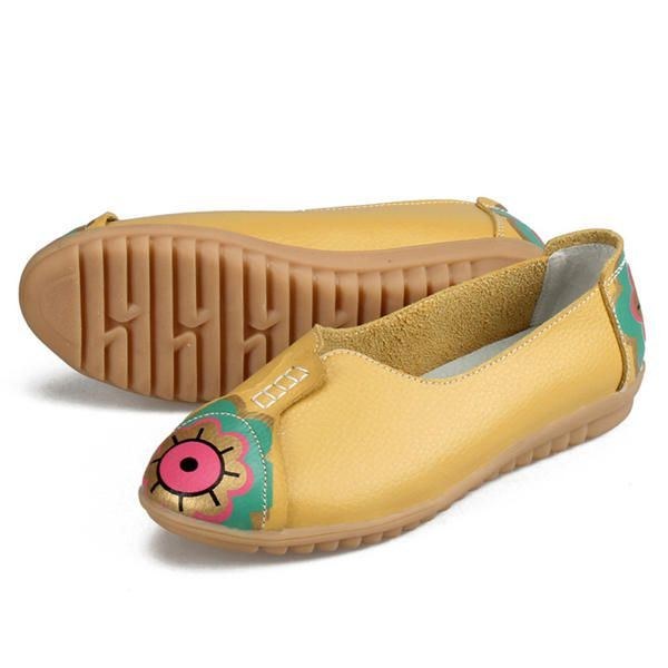 Dame Sun Eye Blomstermønster Blødt Læder Slip-ons Lazy Driving Flat Loafers