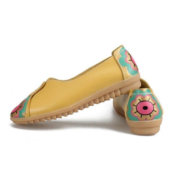 Dame Sun Eye Blomstermønster Blødt Læder Slip-ons Lazy Driving Flat Loafers