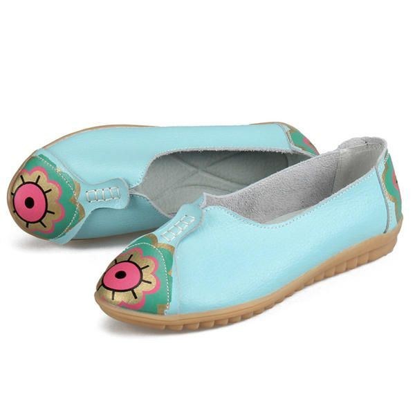 Dame Sun Eye Blomstermønster Blødt Læder Slip-ons Lazy Driving Flat Loafers