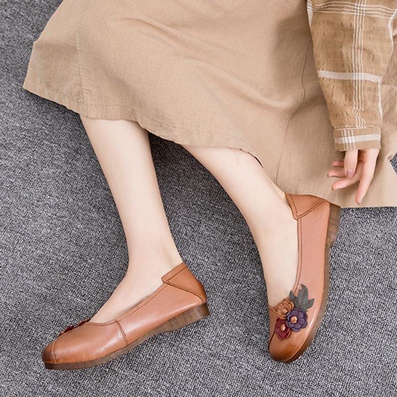 Dame Vintage Blomster Rund Tå Ægte Læder Blød Sål Slip On Comfy Flats