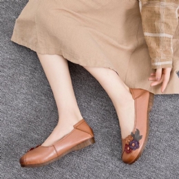 Dame Vintage Blomster Rund Tå Ægte Læder Blød Sål Slip On Comfy Flats