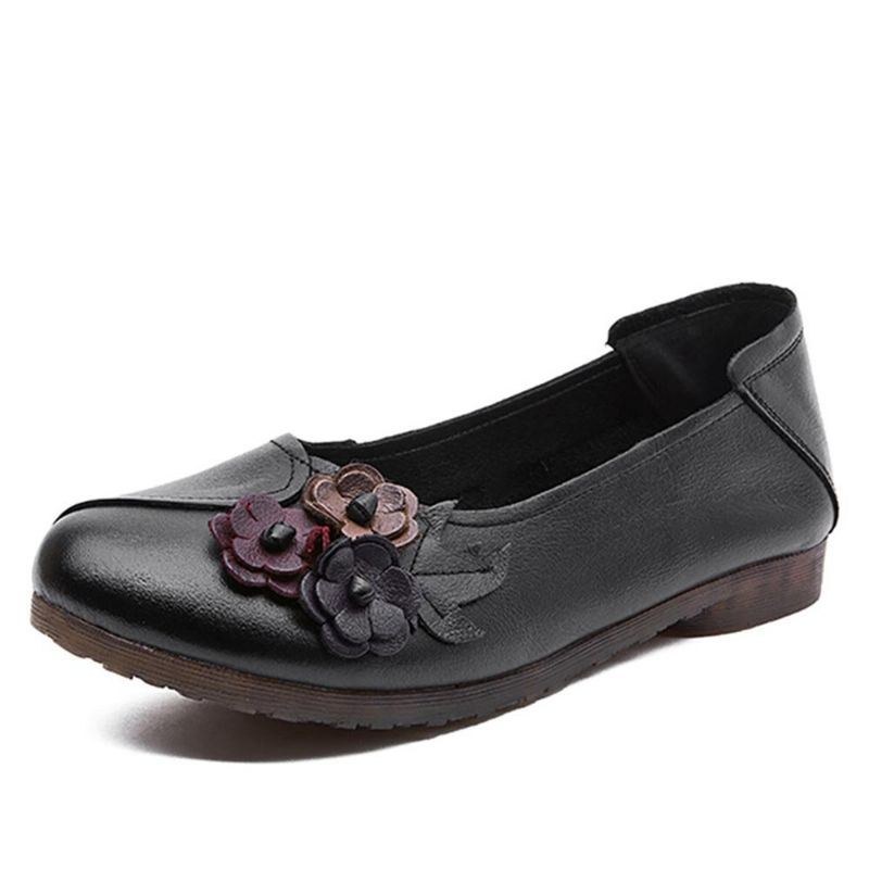 Dame Vintage Blomster Rund Tå Ægte Læder Blød Sål Slip On Comfy Flats