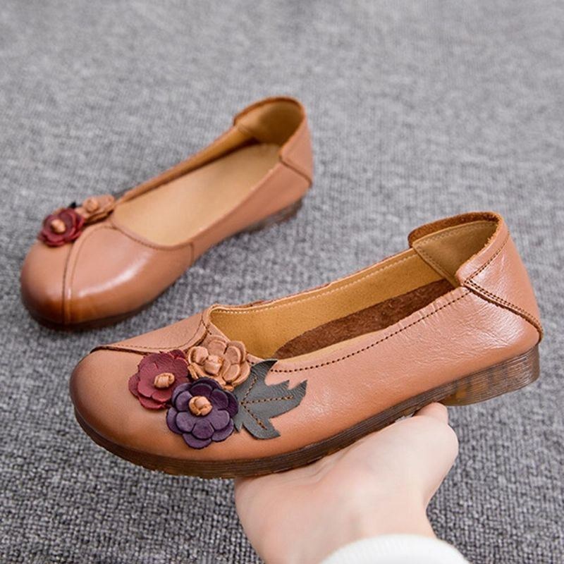 Dame Vintage Blomster Rund Tå Ægte Læder Blød Sål Slip On Comfy Flats