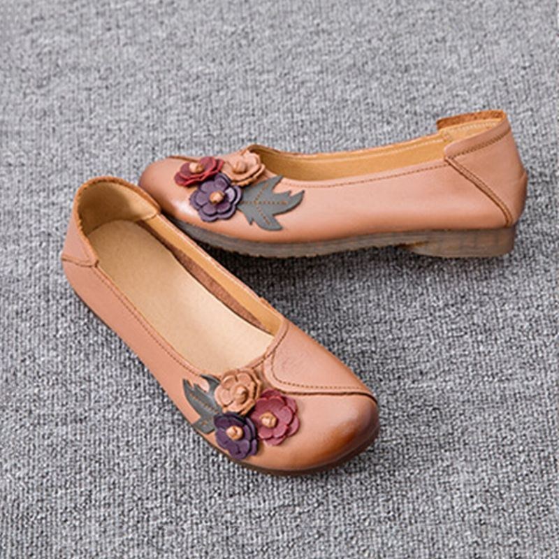 Dame Vintage Blomster Rund Tå Ægte Læder Blød Sål Slip On Comfy Flats