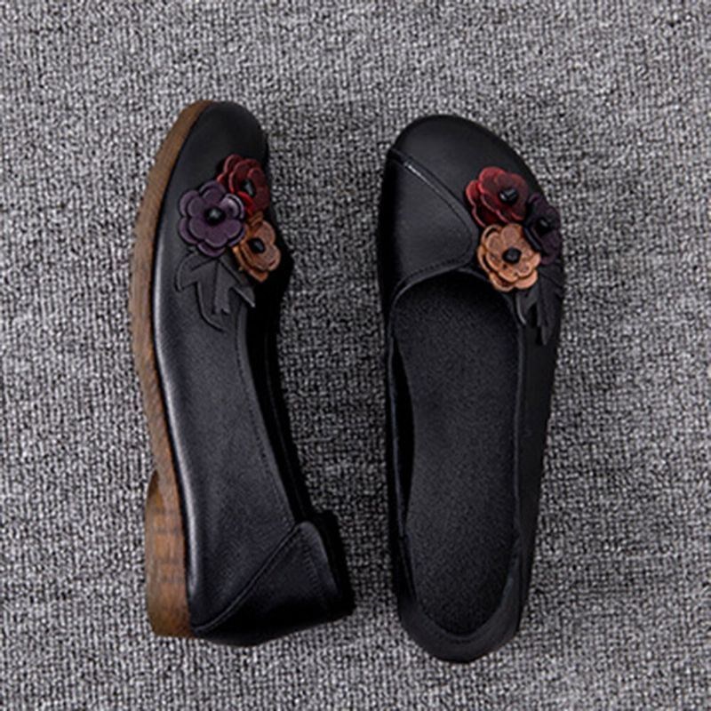 Dame Vintage Blomster Rund Tå Ægte Læder Blød Sål Slip On Comfy Flats