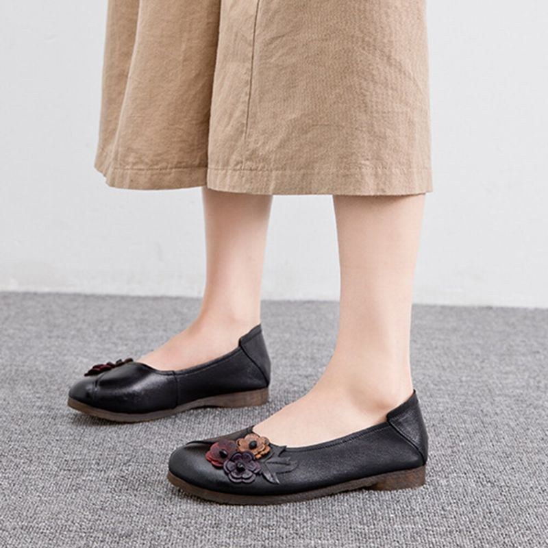 Dame Vintage Blomster Rund Tå Ægte Læder Blød Sål Slip On Comfy Flats