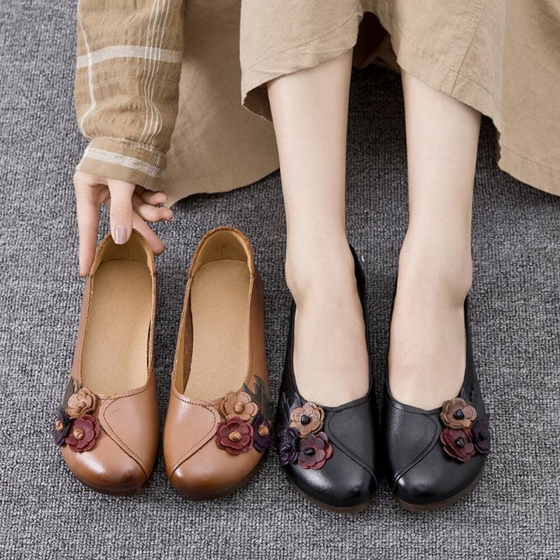 Dame Vintage Blomster Rund Tå Ægte Læder Blød Sål Slip On Comfy Flats