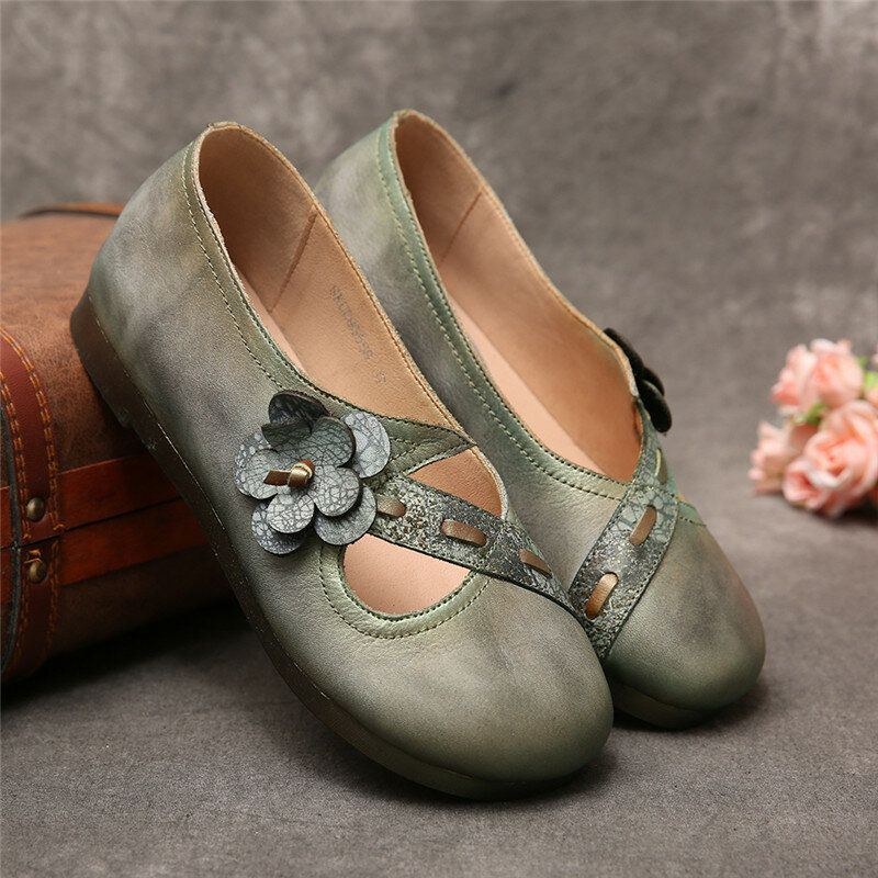 Dame Vintage Håndlavet Blødt Læder Blomsterrem Grøn Slip-on Flade Sko