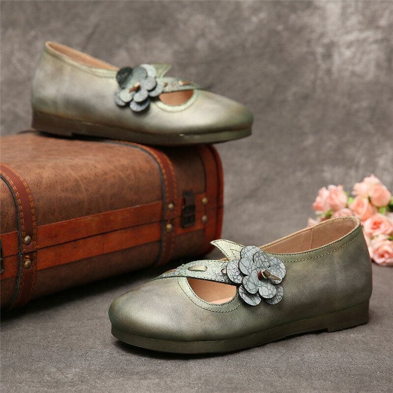 Dame Vintage Håndlavet Blødt Læder Blomsterrem Grøn Slip-on Flade Sko