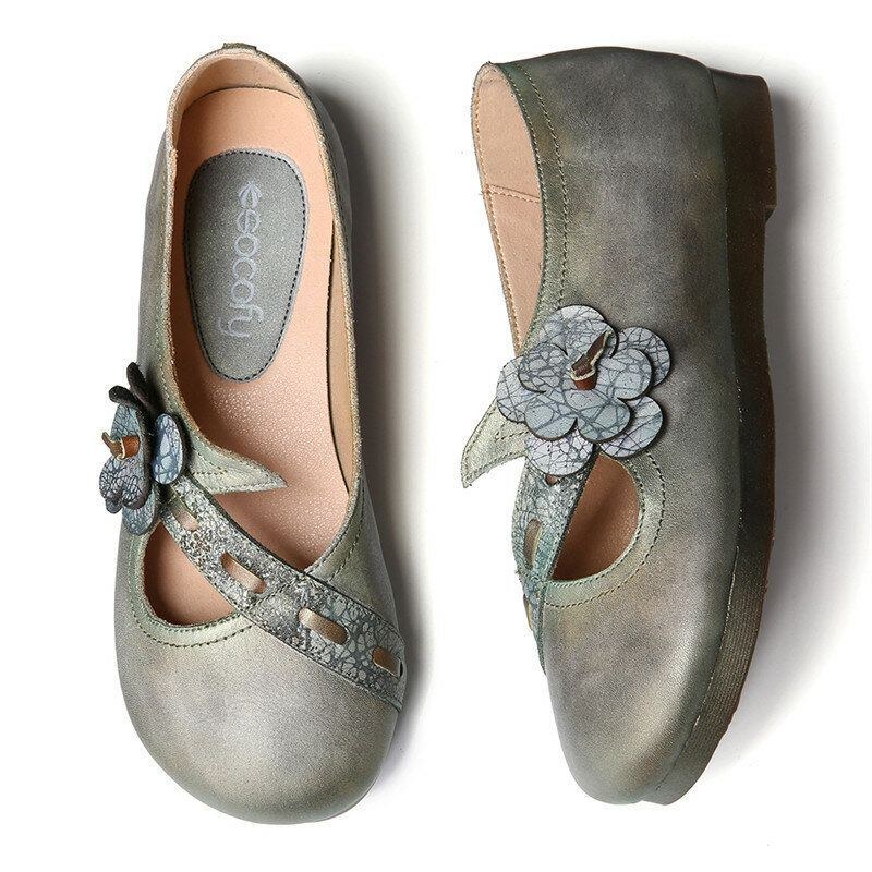 Dame Vintage Håndlavet Blødt Læder Blomsterrem Grøn Slip-on Flade Sko