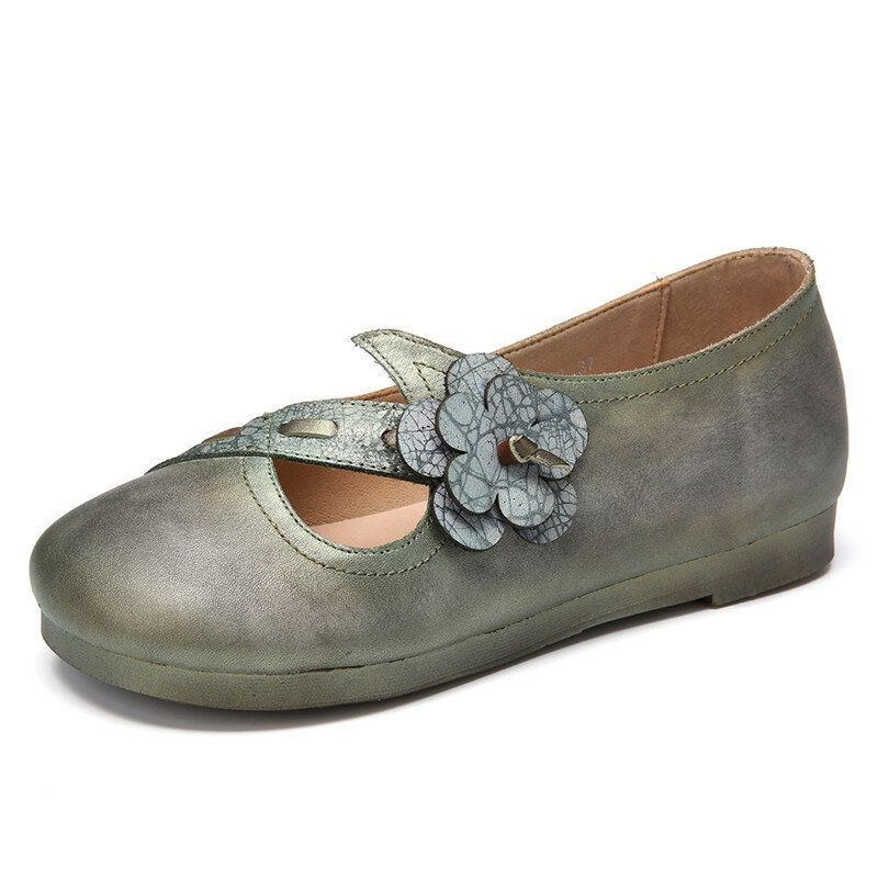 Dame Vintage Håndlavet Blødt Læder Blomsterrem Grøn Slip-on Flade Sko