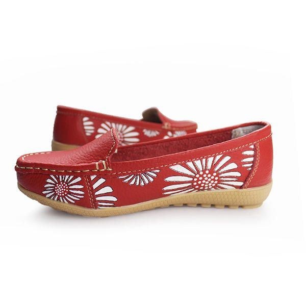 Damer Flats Sko Komfortable Slip-on Blød Casual Flower Blomster Læder Loafers Flats Sko