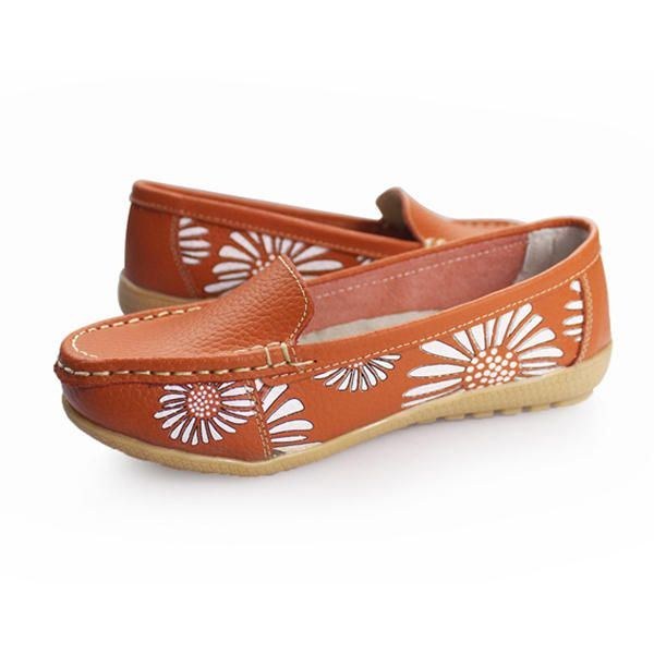 Damer Flats Sko Komfortable Slip-on Blød Casual Flower Blomster Læder Loafers Flats Sko