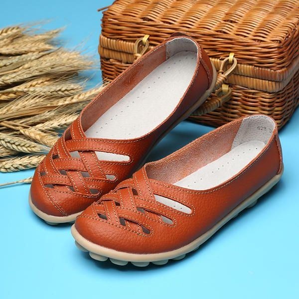 Hollow Out Læder Loafers Moccasin Casual Flat Shoes Til Kvinder