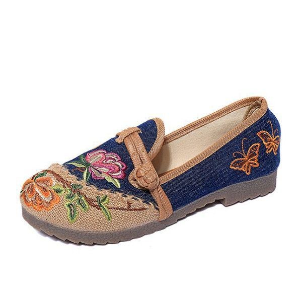 Kinesiske Blomsterbroderede Retro-slip-on-sko Med Flade Rund Tå