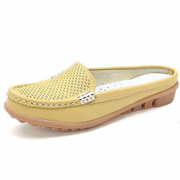 Nye Kvinder Casual Fashion Åndbar Rund Tå-slip-on Læder Flade Sandaler Sko