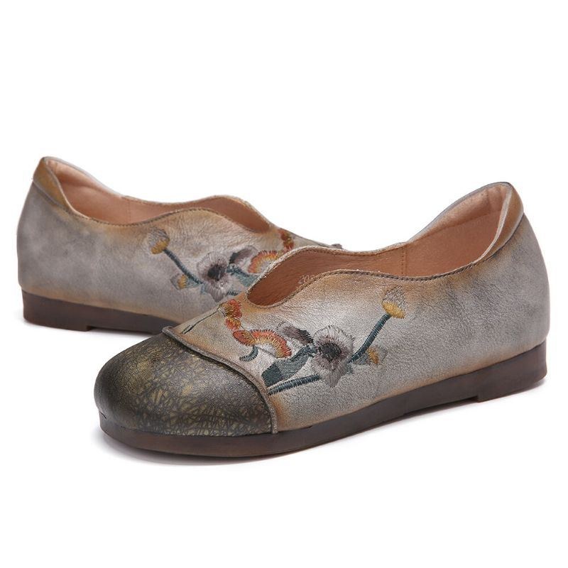 Retro Blomsterbroderi Til Kvinder Behagelig Blødt Læder Slip On Flat Shoes