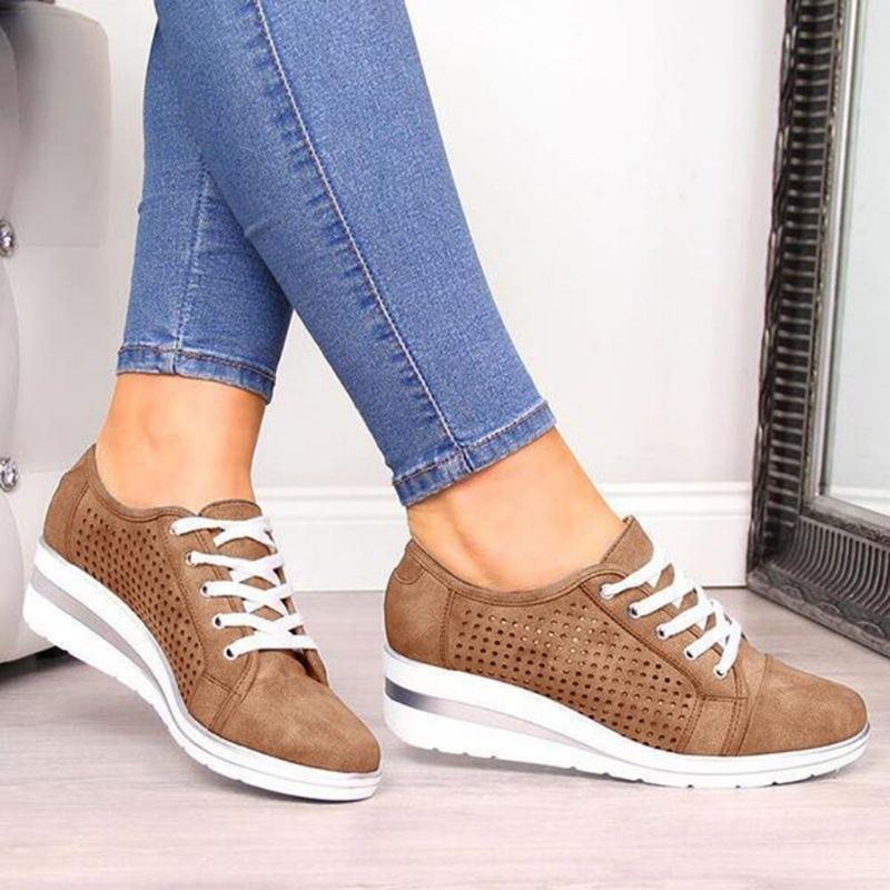 Stor Størrelse Kvinder Casual Ensfarvet Rund Toe Lace Up Wedges Loafers