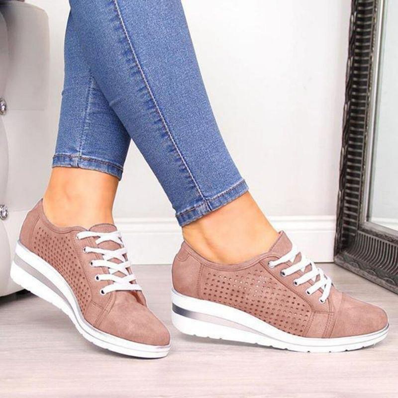 Stor Størrelse Kvinder Casual Ensfarvet Rund Toe Lace Up Wedges Loafers