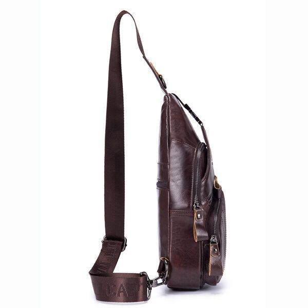 Ægte Læder Retro Brysttaske Outdoor Leisure Daypack Crossbody Taske Til Mænd