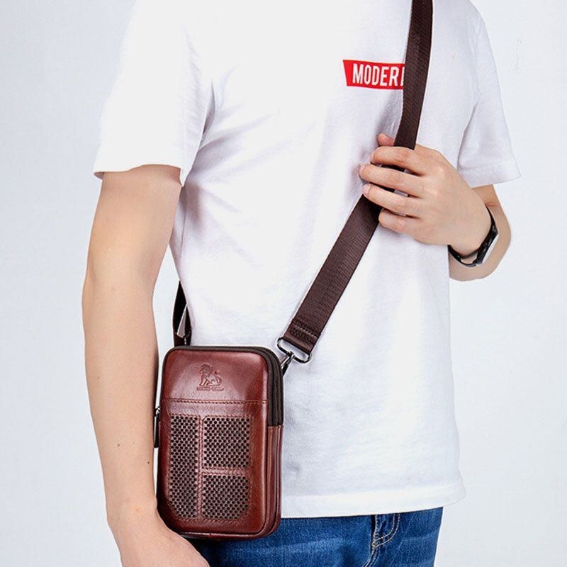 Ægte Læder Til Mænd Retro Business Casual Ensfarvet Læder Koskind Multi-bære Taljetaske Crossbody Taske