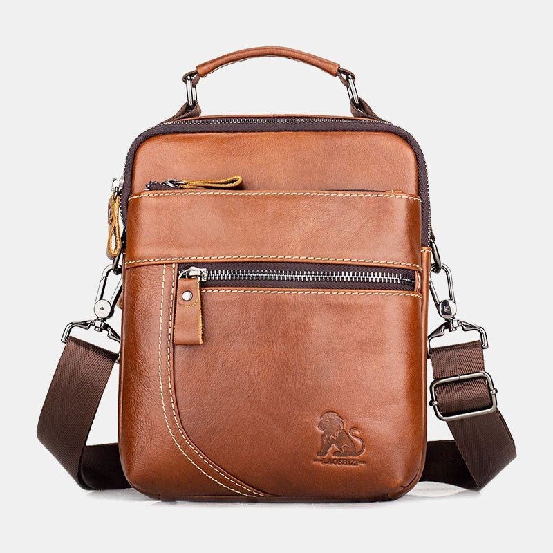 Ægte Læder Til Mænd Retro Business Casual Ensfarvet Læder Koskind Skuldertaske Crossbody Taske