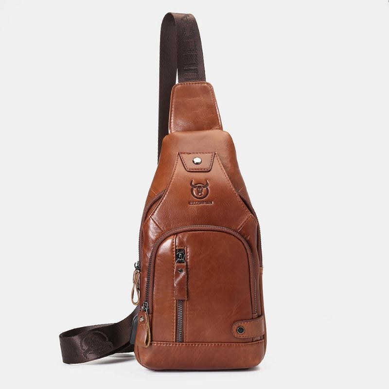 Ægte Læder Til Mænd Usb-opladning Stor Kapacitet Business Casual Brysttaske Skulder Crossbody Taske