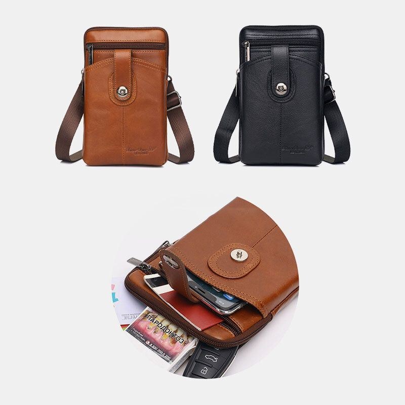 Ægte Læder Til Mænd Vintage Multifunktionel 6.5 Tommer Lynlås Hasp Telefontaske Crossbody Taske Taljetaske