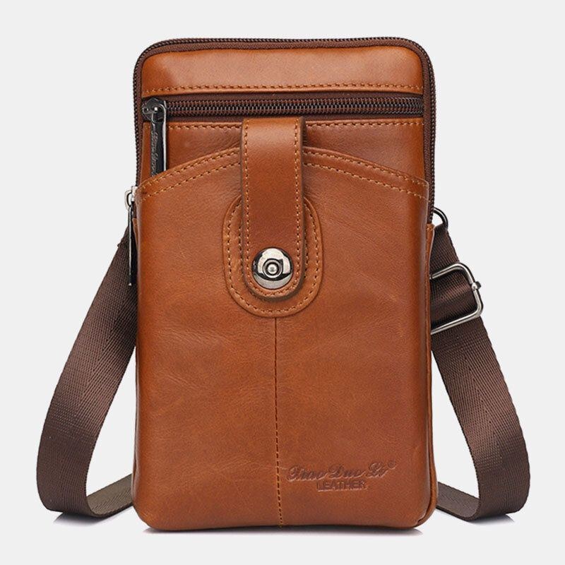 Ægte Læder Til Mænd Vintage Multifunktionel 6.5 Tommer Lynlås Hasp Telefontaske Crossbody Taske Taljetaske