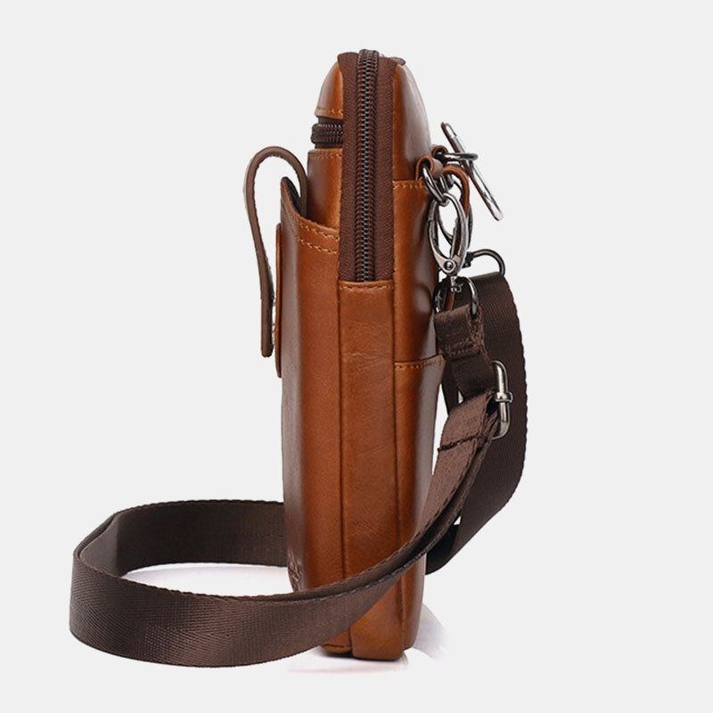 Ægte Læder Til Mænd Vintage Multifunktionel 6.5 Tommer Lynlås Hasp Telefontaske Crossbody Taske Taljetaske