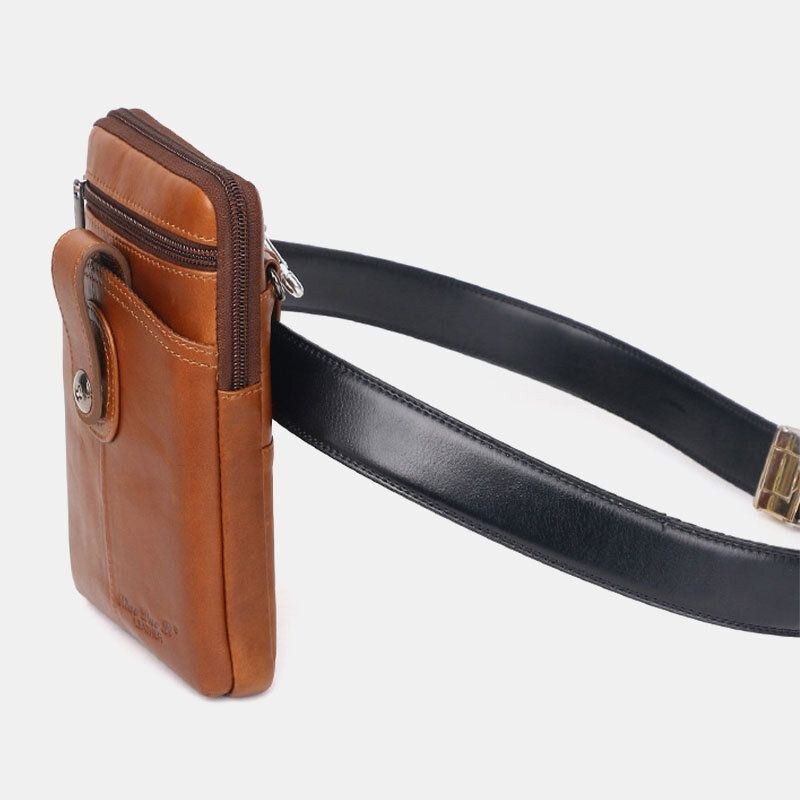 Ægte Læder Til Mænd Vintage Multifunktionel 6.5 Tommer Lynlås Hasp Telefontaske Crossbody Taske Taljetaske