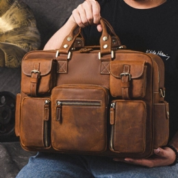 Herre Ægte Læder Aftagelig Rem Stor Multi-lomme 15.6 Tommer Bærbar Taske Briefcase Messenger Bag Crossbody Tasker