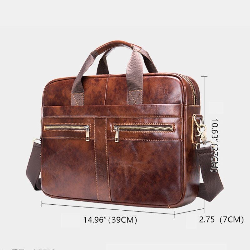 Herre Ægte Læder Multi-lomme 14 Tommer Bærbar Taske Dokumentmappe Business Håndtaske Crossbody Taske