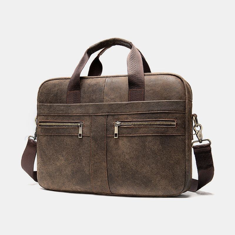 Herre Ægte Læder Multi-lomme 14 Tommer Bærbar Taske Dokumentmappe Business Håndtaske Crossbody Taske