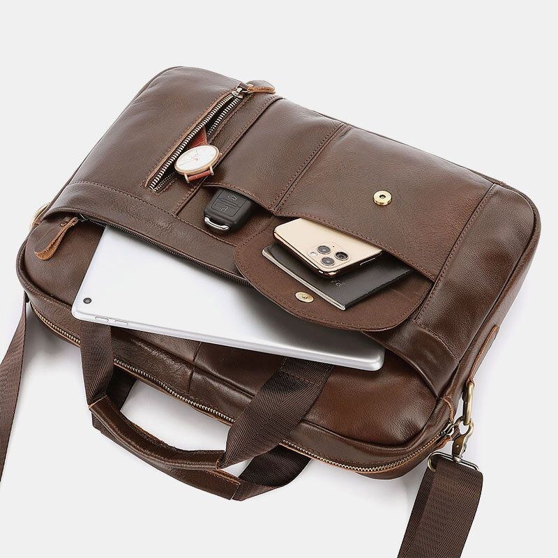 Herre Ægte Læder Multi-lomme Vintage 14 Tommer Bærbar Taske Dokumentmapper Crossbody Taske Skuldertaske Håndtaske