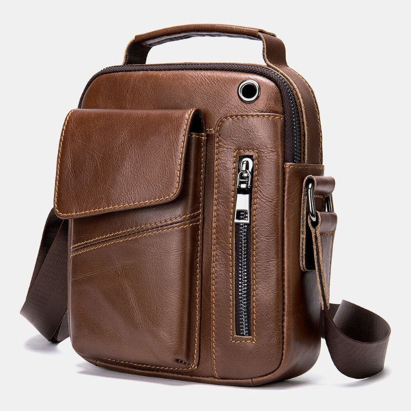 Herre Ægte Læder Multi-lommers Øretelefon Hul Vintage Vandtætte Crossbody Tasker Skuldertasker