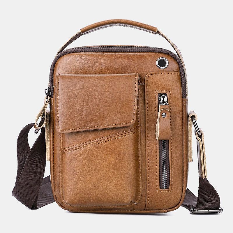 Herre Ægte Læder Multi-pocket Hovedtelefon Hul Vintage 6.5 Tommer Telefontaske Crossbody Taske Skuldertaske Messenger Briefcase